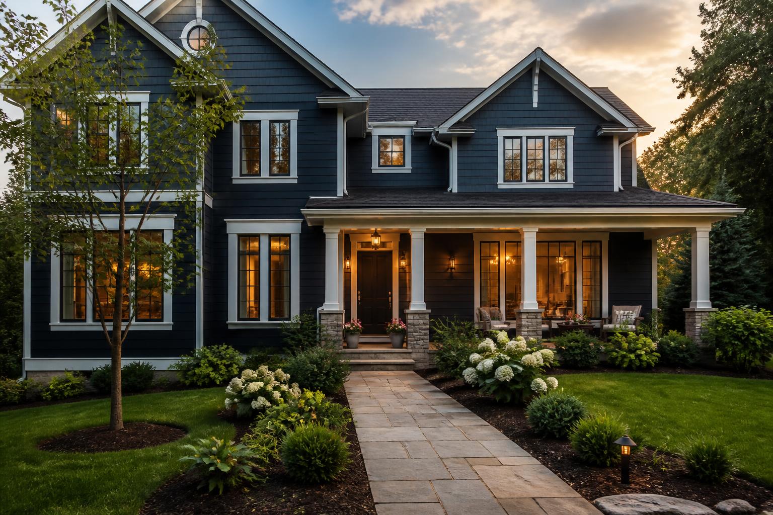 Navy blue home exterior with white trim at golden hour